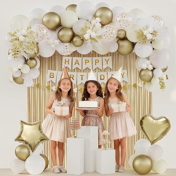 Gold Birthday Decorations for Women, Happy Birthday Party Decorations, Happy Birthday Banner, Gold White Sand Ivory Balloons, Tissue Paper Pompoms, Heart Garland, Party Decor for Girls