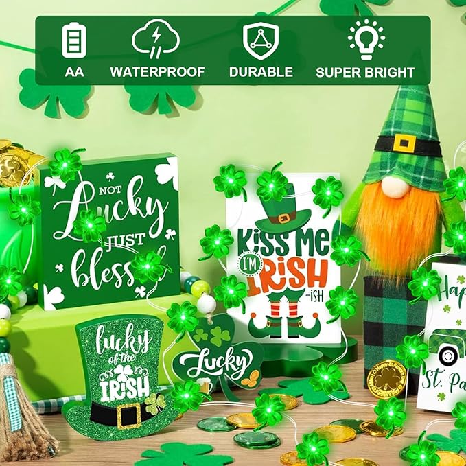 Aogist Super Bright 50LED Shamrock String Lights - 16ft St Patrick's Day 3D Clover Fairy Lights Battery Operated for Indoor/Outdoor Irish Party, Wedding, Holiday Green Decor - 2 Pack