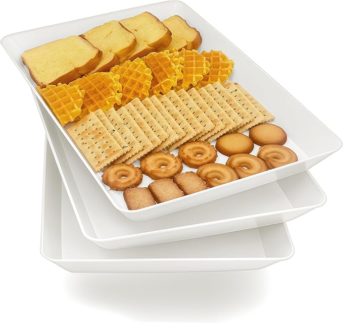 Serving Tray Platter, 3 Pcs Food Tray for Veggie Fruit Snack Dessert Cookie Cheese, Food Trays for Party Supplies Display, Plastic Platters for Serving Food, Large White Trays, BPA Free