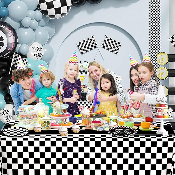 WNINK 6 Pack Race Car Table Cloth and Black White Gingham Tablecloths Disposable Plastic Buffalo Check Tablecloth Checkered Flag Covers for Birthday, Outdoor Picnic, Birthday, Camping 54 × 108 Inch