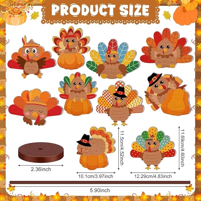 Geelin 10 Pcs Thanksgiving Turkey Decoration Wooden Turkeys Thanksgiving Table Sign Centerpiece Wood Tall Standing Block Set for Party Farmhouse Office Harvest Day Desk Decoration(Cute Turkey)