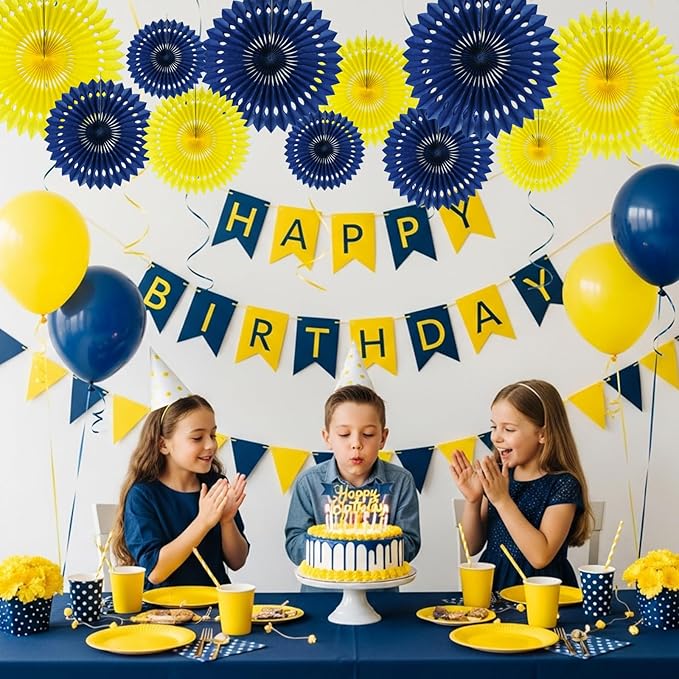 BEISHIDA Navy Blue Yellow Tissue Hanging Honeycomb Round Paper Fans Decoration Set for Graduation Birthday Baby Shower Bachelorette Wedding Photo Backdrops Anniversary Paper Party Supplies(12 Packs)
