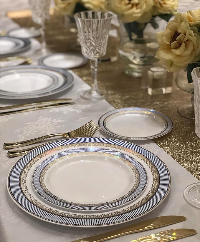 " OCCASIONS " 120 Plates Pack,(60 Guests) Heavyweight Premium Wedding Party Disposable Plastic Plates Set -60 x 10.5'' Dinner + 60 x 7.5'' Salad/Dessert(Louvre Blue/Gold)