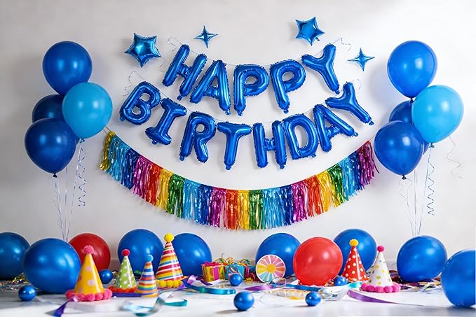 Blue Happy Birthday Banner Balloon Aluminum Foil 16 Inch Letter,10 Inch Five Pointed Star Four Pointed Star Suitable for Kids, Men, Women, Boys and Girls Party Decoration Supplies