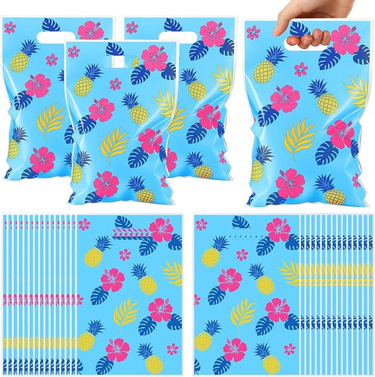 Eccliy 30 Pcs Hibiscus Party Favor Bags with Handles Cartoon Hawaiian Themed Goodie Treat Gift Bags for Birthday Summer Tropical Party Supplies Decorations
