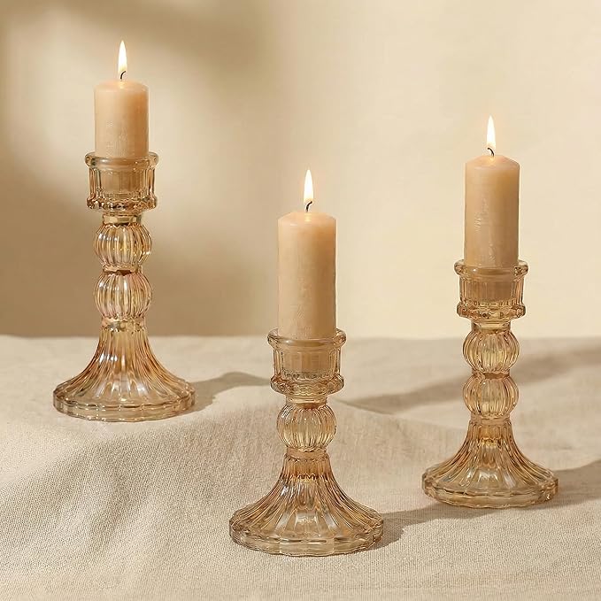 Amber Crystal Glass Candlestick Holders Set of 3, Vintage Taper Candle Holders for Table Centerpieces Decor, Valentine‘s Day, Wedding, Anniversary, Thanksgiving, Christmas Home Decor