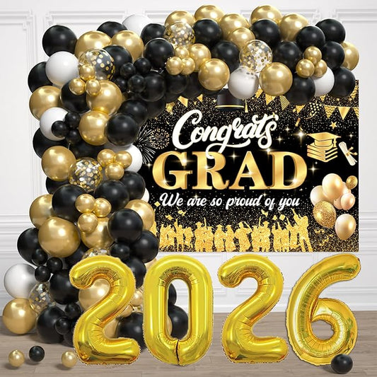 Black Gold 2026 Graduation Party Decorations - Graduation Balloon Arch Kit With Black Gold Graduation Balloons, Congrats Grad Backdrop, 2026 Foil Balloons For High College School Graduation Decor