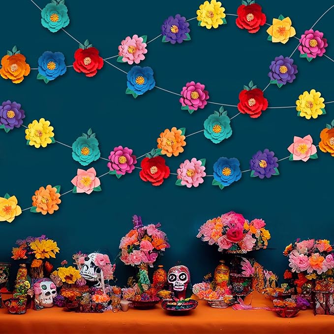 Spakon 8 Pcs Mexican Paper Flower Decorations Mexican Fiesta Garlands Cinco de Mayo Flat Floral Hanging Banner Cutouts for Birthday Decorations Baby Shower Cinco De Mayo Party Decor