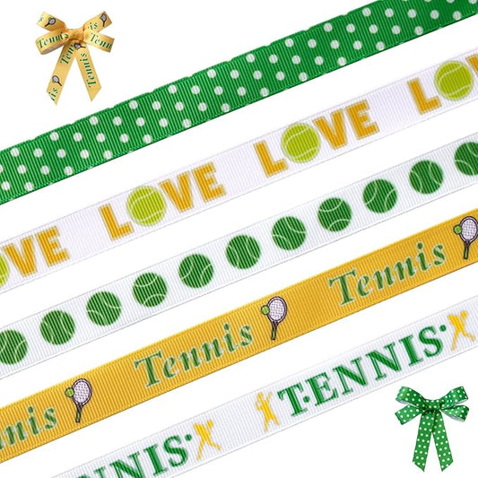 Tennis Ribbons 5 Rolls 20 Yards Total, 5/8" Sports Grosgrain Tennis Themed Ribbons for Homecoming Mums Gift Wrapping Crafts Making Hair Tie Bows and Team Party Decor