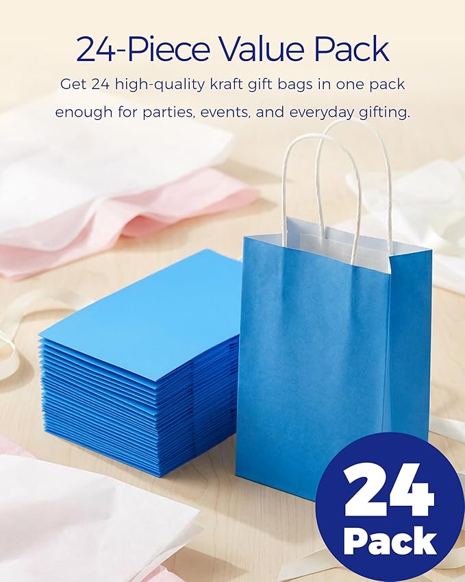 SUNCOLOR 24-Pack Blue Gift Bags with Handles, 8 Inch Goodie Bags for Party Favors, Baby Showers, Birthdays