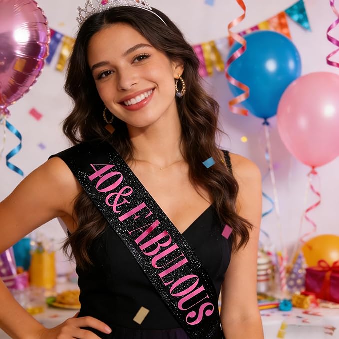40 & Fabulous Sash, Funny 40th Birthday Sash for Women 40th Bday Party Photo Prop Favors Suppiles, Pink Foil Letter, Glitter Black