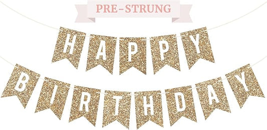 Pre-strung Happy Birthday Banner - No DIY - Gold Glitter Birthday Party Banner - Pre-strung Garland on 6 ft Strands - Gold Bday Party Decorations & Decor. Did We Mention No DIY