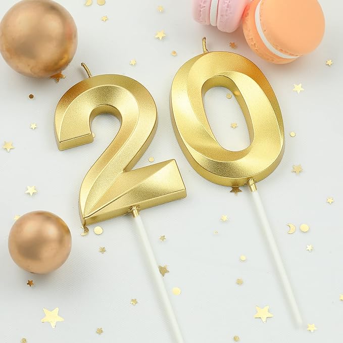 2.76 Inch Diamond Gold 20 Number Birthday Candles, Gold and Cake Number Candles for Party Celebration