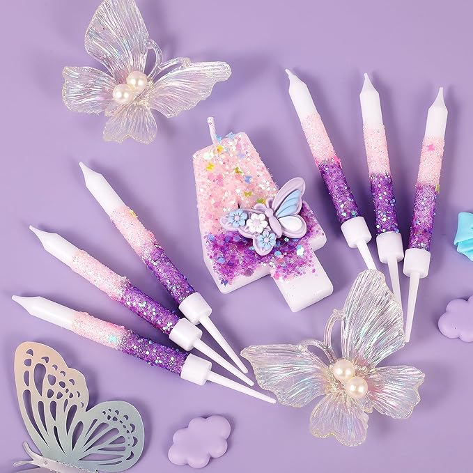 AKURIEEY Butterfly 4th Birthday Candle Purple Number 4 Candle with 6 Pcs Long Candles for Girls Cake Topper Cupcake Decor Party Decoration Anniversary Celebrations Supplies