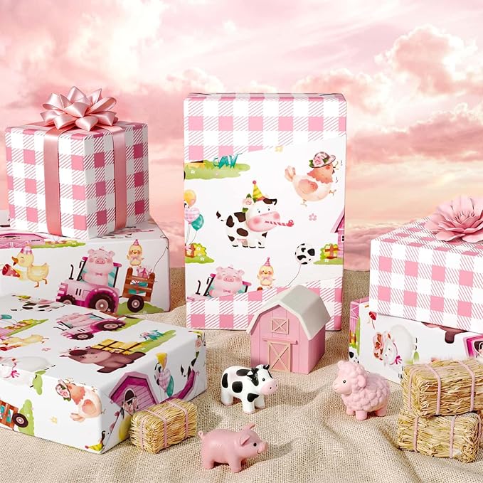 WERNNSAI Farm Animal Wrapping Paper - 1 roll 17” x 33 ft Pink Farm Gift Wrapping Paper for Kids Girls Birthday Baby Shower Animal Gift Wrap Barnyard Theme Party Favor Pink Plaid Design