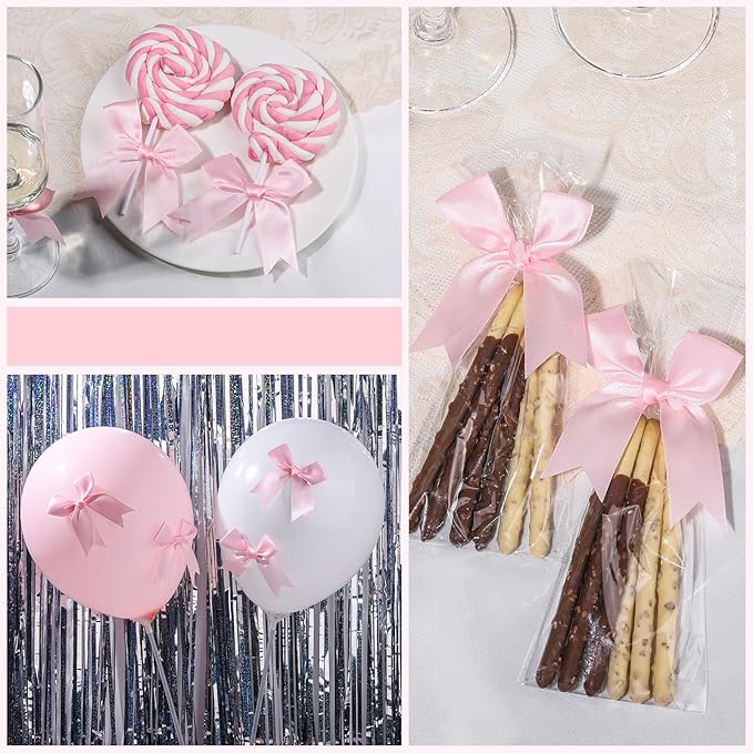 YGDZ Pink Bows, Satin Self Adhesive Pink Ribbon Bows for Crafts, Baby Pink Bow with Double-Sided Tape, Small Bows for Gift Wrapping, Wedding Decor, Party Favors