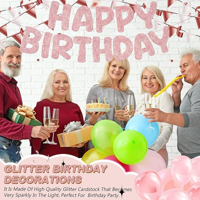 Fulmoon Glitter Pre Strung Happy Birthday Banner No DIY Party Decorations Happy Birthday Sign Decor for Men Women Boy Girls Backdrop(Rose Gold)