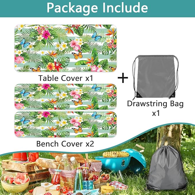 Picnic Table Cover with Bench Covers, Camping Essentials Hawaiian Luau Tropical Palm Leaves Flower Butterfly Waterproof Windproof Fitted Tablecloth Cover with Elastic Edge for Outdoor 3 PCS 30x96 Inch