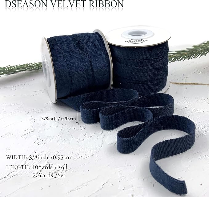 Velvet Ribbon Set 3/8" x 10 Yards, 2 Rolls 20 Yards, Dseason Handmade Navy Blue Velvet Ribbon Set for Gift Wrapping & Bow Making, Christmas Tree, Wreath Decoration, DIY Crafts Decoration