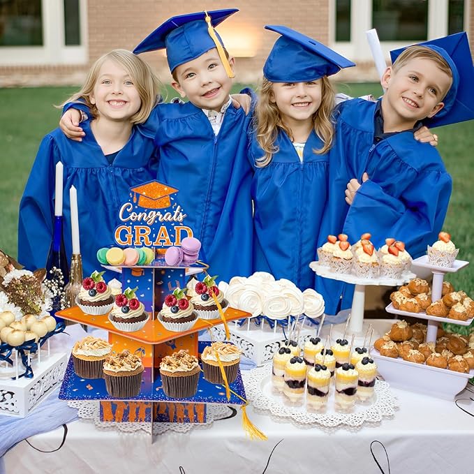 Haooryx Graduation Cupcake Stand Decoration - 3-Tier Orange Blue Graduate Cap Cupcake Tower with Tassel Cardboard Dessert Holder Kindergarten Primary High School College Graduation Party Table Decor