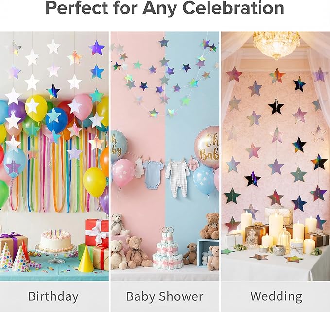 Iridescent-Star-Garland 90FT – 240 Pcs Sparkling Star Streamers-Hanging Glitter Star Banner Backdrop for Birthday, Baby Shower, Wedding, Christmas Party Decorations (6 Packs)
