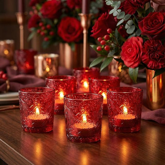12 Pack Hummingbird Embossed Glass Candle Holders – Votive Tealight Holders with Patent Design, Decorative Embossed Glass Cups for Wedding Centerpieces, Parties, and Home Décor (Crimson Glow)