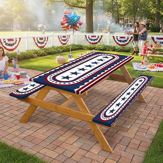 JAWO 4th of July Picnic Table Cover with Bench Covers, Patriotic USA Stars Waterproof Elastic Fitted Tablecloth, Independence Day Outdoor Camping Patio Essentials 3PCS with Drawstring Bag,60in