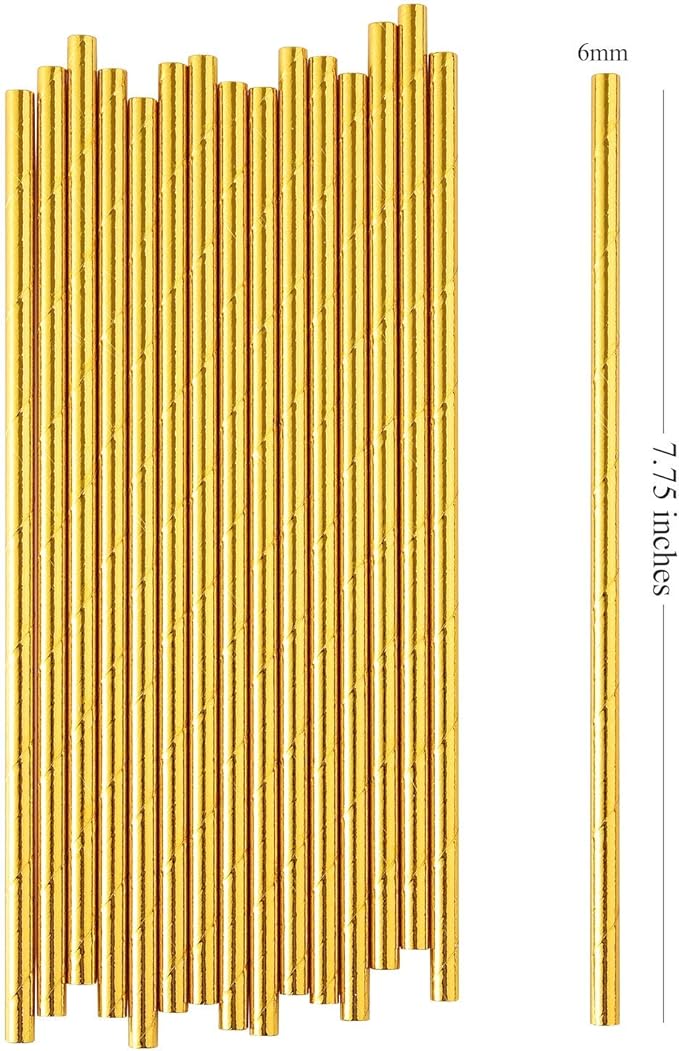 ALINK Gold Foil Paper Straws, Biodegradable Disposable Drinking Straws for Birthday, Wedding, Bridal/Baby Shower, Christmas Decorations and Party Supplies, Pack of 100
