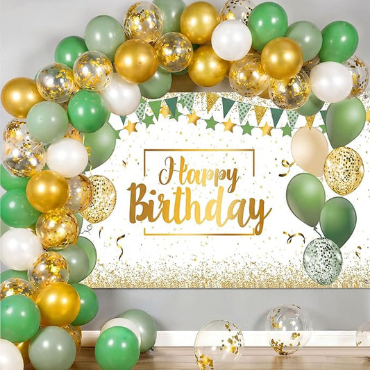 Tatuo Sage Green Birthday Confetti Balloons Kit Set Photography Backdrop Banner Package for Boys Girls Men Women Birthday Party Decorations Supplies Rustic Boho Favors (Green and Gold)
