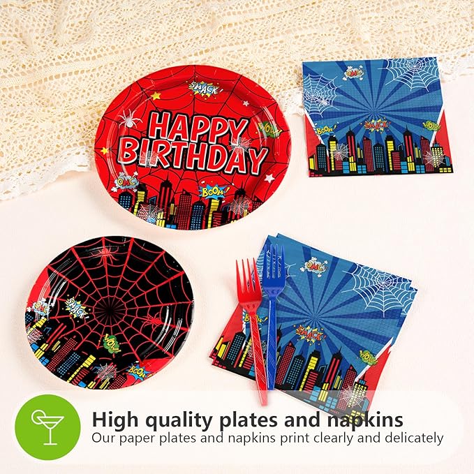 Grencian 96Pcs Cartoon Spider Birthday Party Decorations Red Blue Spider Birthday Plates and Napkins Disposable Hero Paper Tableware Set for Kids Baby Shower Super Theme Party Supplies, Serves 24