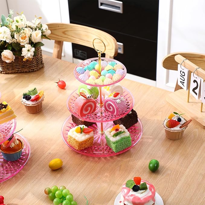 Patelai 8 Packs 3 Tier Crystal Acrylic Clear Cake Stand with Gold Round Holder Acrylic Cupcake Stand Holder for Home Wedding Holiday Birthday Baby Shower Tea Party (Clear Pink)