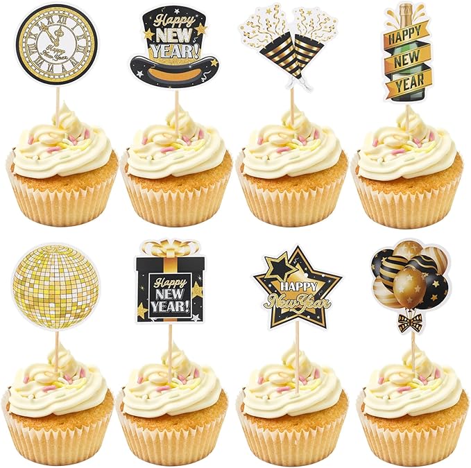 Happy New Year 2026 Cupcake Toppers, 24 PCS Happy New Year Decorations, Black and Gold Cupcake Toppers Cake Decorations Food Picks for New Year's Eve 2026 Party Decoration Supplies, 8 Designs