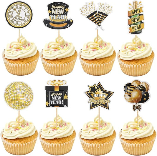 Happy New Year 2026 Cupcake Toppers, 24 PCS Happy New Year Decorations, Black and Gold Cupcake Toppers Cake Decorations Food Picks for New Year's Eve 2026 Party Decoration Supplies, 8 Designs