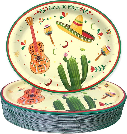 50 Pack Cinco de Mayo Heavy Duty Paper Plates, Disposable Party Plates for Mexican Fiesta, Thick Sturdy Paper Dinner Plates for Tacos, Nachos, 10.2 x 12.6 In