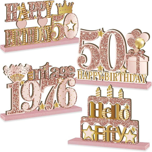 4 Pieces 50th Birthday Vintage 1976 Wooden Table Centerpieces Decoration for Women, Pink Rose Gold Happy 50 Birthday Table Sign Party Supplies, Hello Fifty Year Old Bday Table Decor