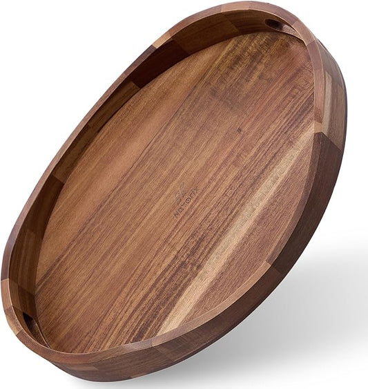 Acacia Wood Serving Tray with Handles - 17'' x 13'' Round, Decorative Ottoman Trays for Breakfast, Home Decor, Tea Party, Coffee Table, Candle Display, Kitchen Counter Board