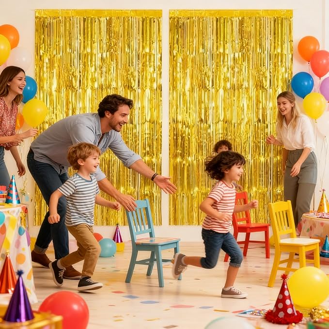 2pcs Gold Foil Fringe Backdrop Curtains 39 * 78 Inch Tinsel Streamersdance Party Decorations for 2026 New Years Eve, Christmas,Halloween Graduation, Birthday, Baby Shower, Gender Reveal Party