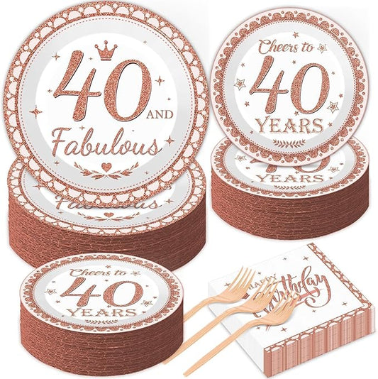 gisgfim 50 Guests 40th Birthday Decorations Plates Napkins for Women Rose Gold Party Supplies 40 Fabulous Happy Birthday Tableware Set Cheers to 40 Years Party Decor Table Decors for Her Girl 200Pcs