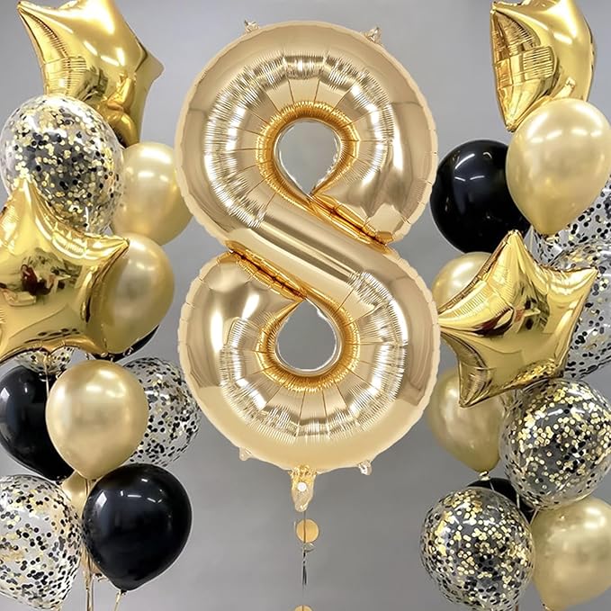 Champagne Gold Large Number 8 Balloon, 40 Inch Light Gold Foil Helium Number Balloons, Giant Mylar Number 8 Balloons for 8 Years Old Birthday Party Anniversary Decorations