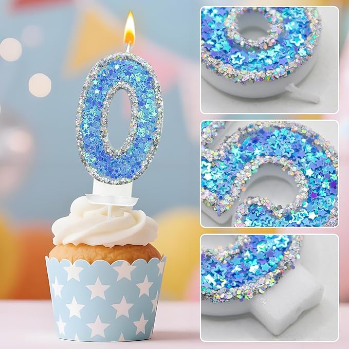 Blue Star Number 0 Candle for Cake Decoration, Glitter Star Cake Topper, Shaker Style Number Candle for Anniversary Celebration Party Supplies
