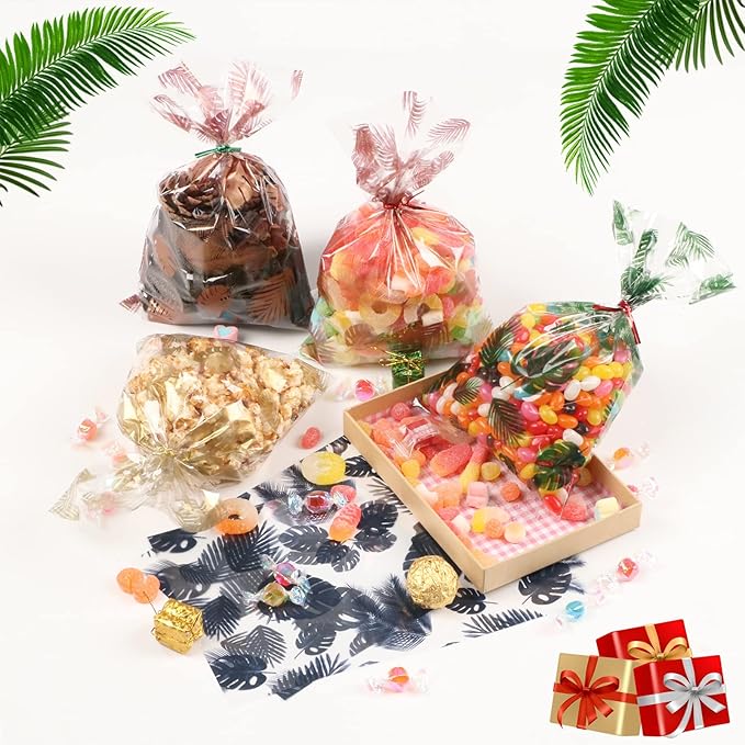 100 Pcs Clear Cellophane Treat Bags, 6 X10 Inches Hawaiian Palm Leaf Cellophane Cookie Bags for Gift Wrapping,Packaging Candies,Dessert,Bakery, Candy, Chocolate,Party Decorations