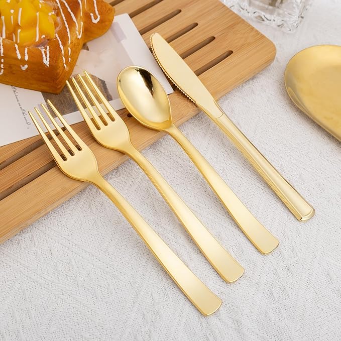 EI 360pcs Gold Plastic Silverware,Gold Silverware Disposable,Gold Forks and Spoons,Gold Plastic Cutlery include 120pcs Forks,120pcs Spoons and 120pcs Knives for Wedding,Afternoon Tea,Valentine's Day