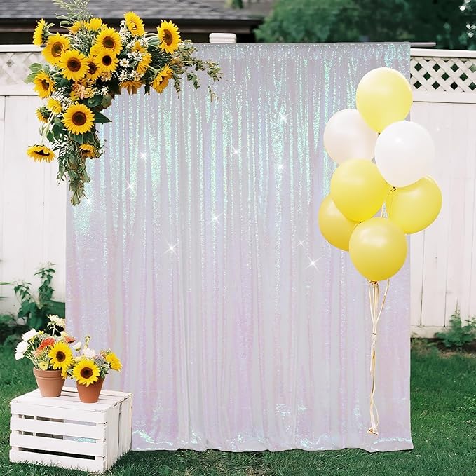 SquarePie 8x8ft Iridescent Sequin Backdrop for Photography, Satin-Backed Real Sequin Curtain, Enhanced Coverage Shimmering Background with 4" Rod Pocket for Wedding, Birthday, Party Decor, 1 Panel