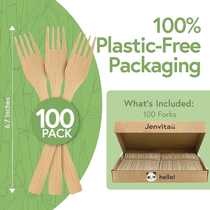 100% Bamboo Forks Set - High End Disposable Cutlery (100 Biodegradable Forks) | Reusable or Disposable Bamboo Utensils | Compostable FSC Certified Flatware for Weddings, Camping, Parties