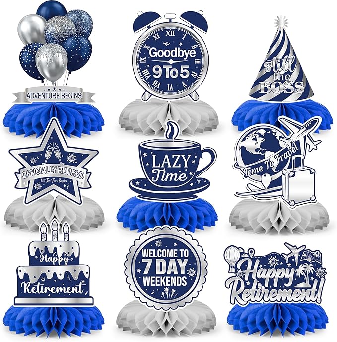 9 Pcs Retirement Party Decorations Honeycomb Centerpieces, Blue Silver Happy Retirement Table Decorations, Funny Officially Retired Table Toppers for Men Women Party Supplies
