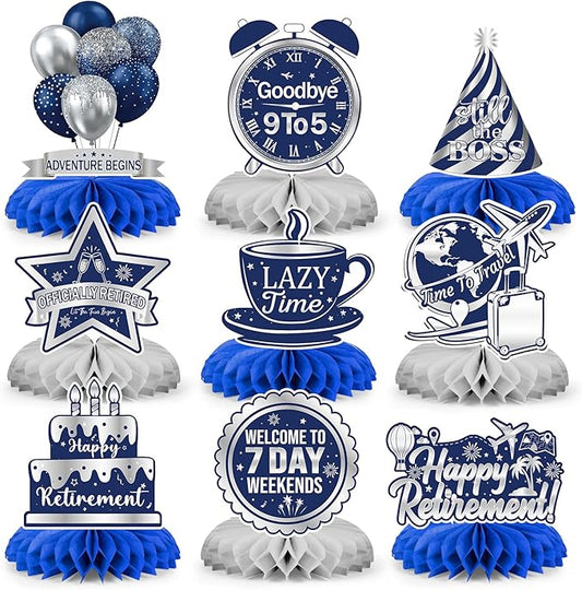 9 Pcs Retirement Party Decorations Honeycomb Centerpieces, Blue Silver Happy Retirement Table Decorations, Funny Officially Retired Table Toppers for Men Women Party Supplies