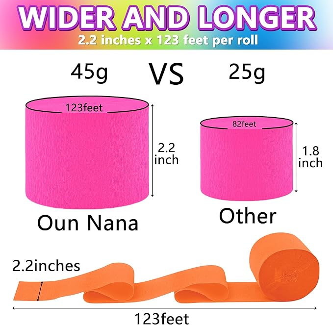 Neon Crepe Paper Streamers, 2.2" x 123 Ft Per Roll Glow in The Dark Streamers 6 Rolls for Rainbow Birthday Party Wedding Decorations UV Blacklight Reactive Fluorescent Party Supplies