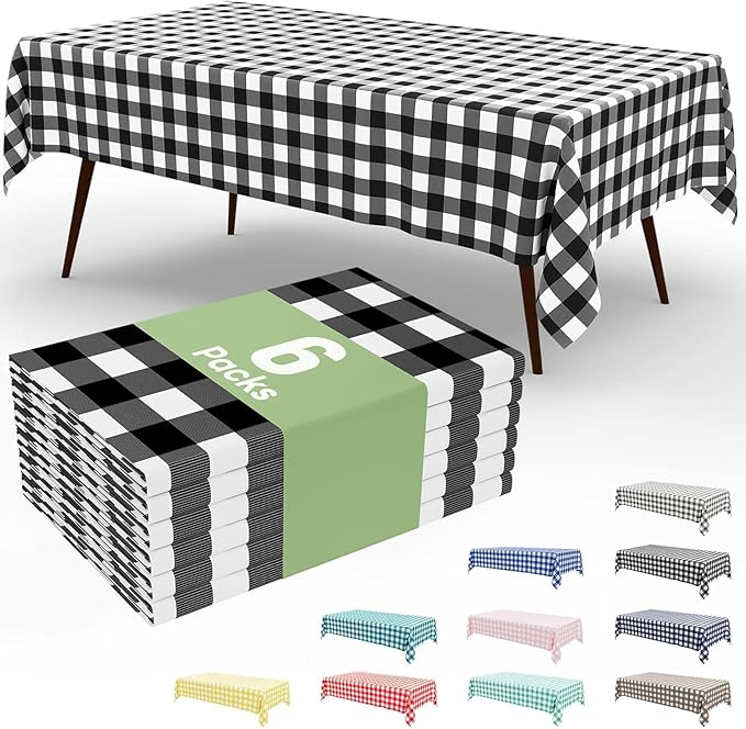 Smiry 6 Pack Black Gingham Disposable Tablecloths - 54" x 108" Heavy Duty Plastic Table Cloth, Waterproof Buffalo Plaid Table Covers for Picnic, Banquets, Outdoor Parties