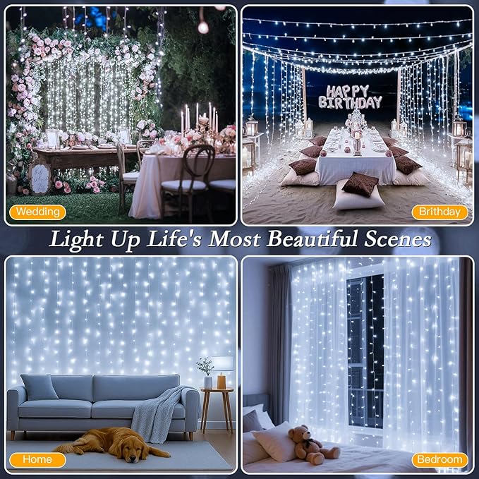 200 LED Curtain String Lights 9.8 * 6.6FT Plug in Fairy with Timer and 8 Modes, Waterproof Window Wall Lights for Bedroom Wedding Party Indoor Outdoor Christmas Decor