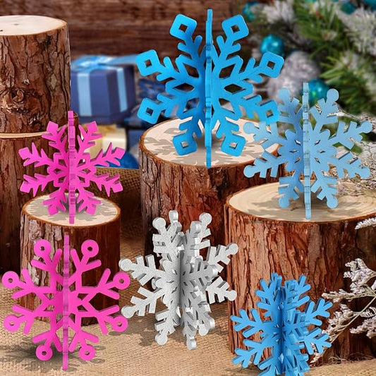 OuMuaMua 12 Sets Snowflake Christmas Table Decorations - 24pcs Blue Fuchsia Purple Sliver Wooden 3D Snowflake Decor Tabletop Centerpieces for Christmas Party Supplies Home Decor